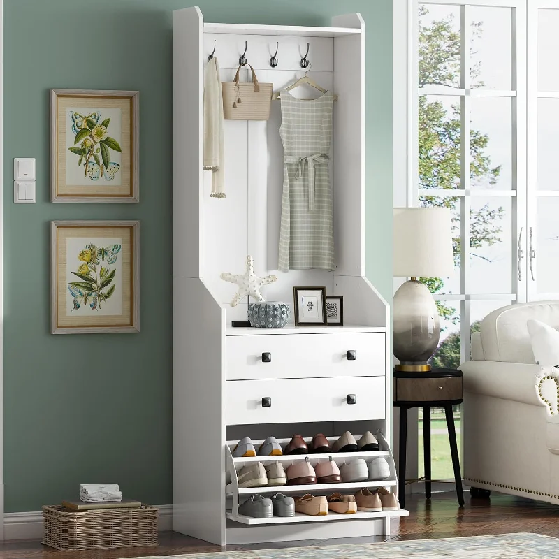 27.5''W Narrow Hall Tree with Flip Drawer, Multi-functional Coat Rack (White) - $130