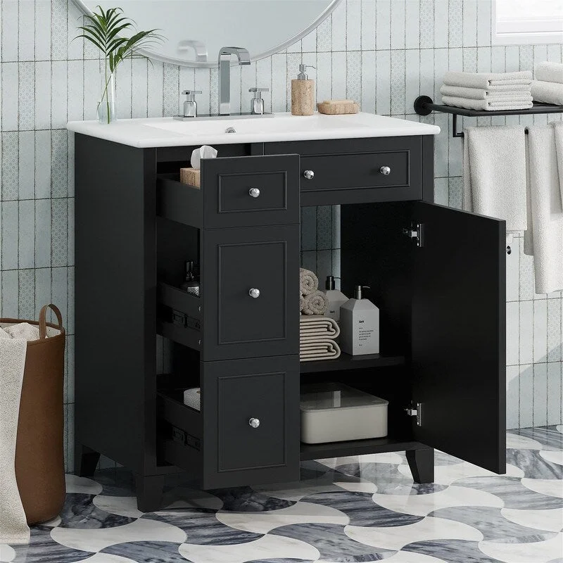 30'' Bathroom Vanity with Ceramic Sink Top, Bathroom Vanity Cabinet with Soft Close Drawers and Door, Adjustable Shelf