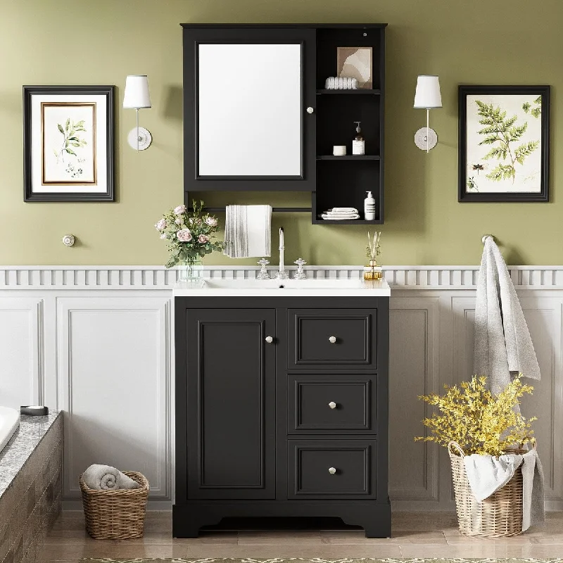 30-inch Bathroom Vanity with Sink, Modern Elegant Bathroom Storage Cabinet with 3 Drawers and Adjustable Shelves