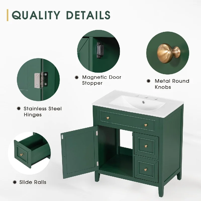 30"Bathroom Vanity with Sink Top,Bathroom Vanity Cabinet with Door and Two Drawers,Solid Wood Frame,One Package,Green