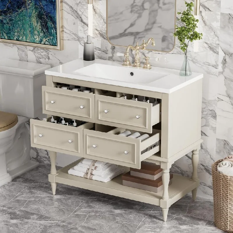 36" Bathroom Solid Wood Free Standing Vanity Cabinet with Sink Combo Set with 4 Drawers