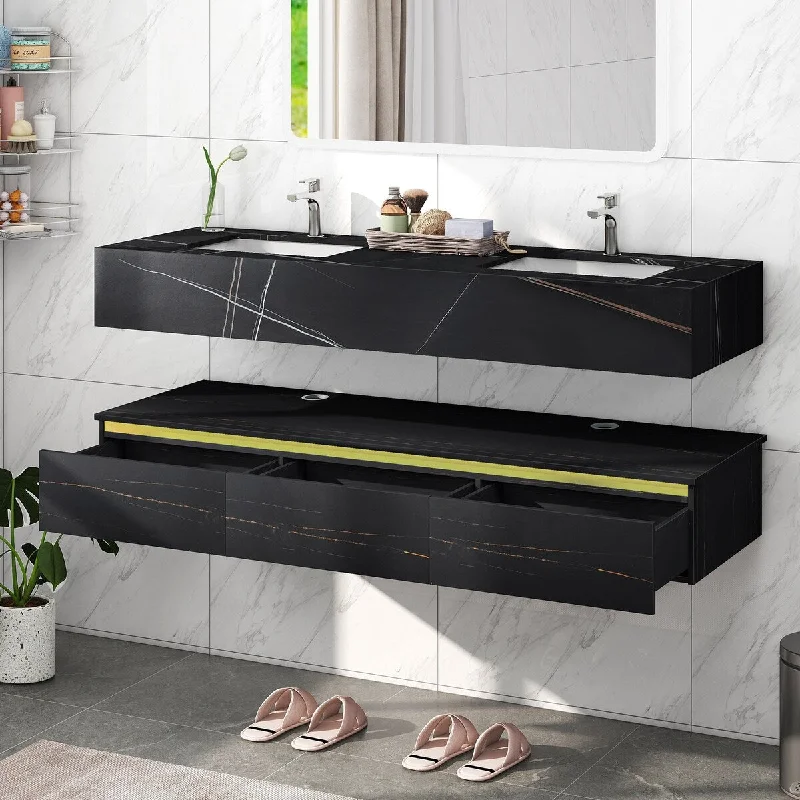 60" Floating Bathroom Vanity with Ceramic Basin Sink, Wall-mounted Bathroom Vanities with Drawers