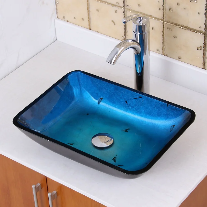 Elite 1408+882002 Rectangle Artistic Blue Tempered Glass Bathroom Vessel Sink with Faucet