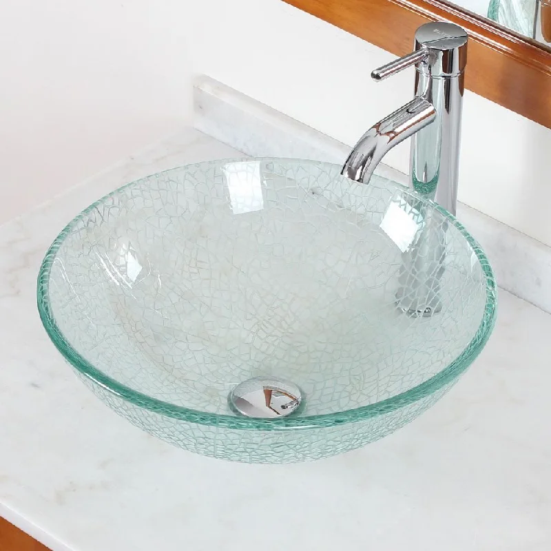 Elite S25F371023C Clear Cracking Glass Bathroom Vessel Chrome Combo Sink