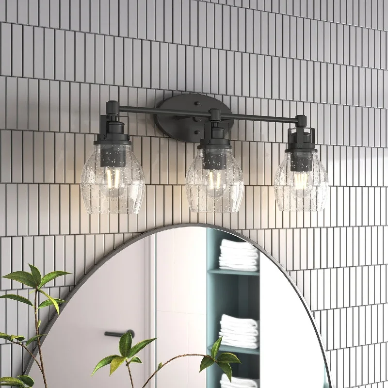 Modern 3-Light Bathroom Vanity Light in Black Finish with Seeded Glass Shade