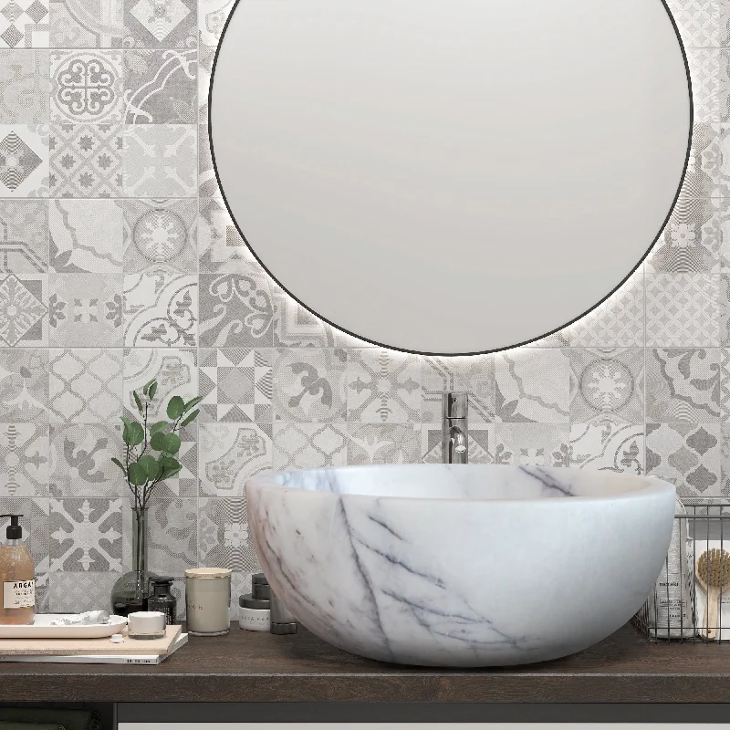 New York White Marble Round Bathroom Above Vanity Sink Polished (D)12" (H)5"