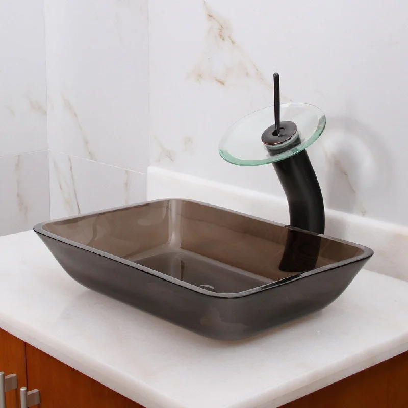 Rectangle Transparent Brown Tempered Glass Bathroom Vessel Sink