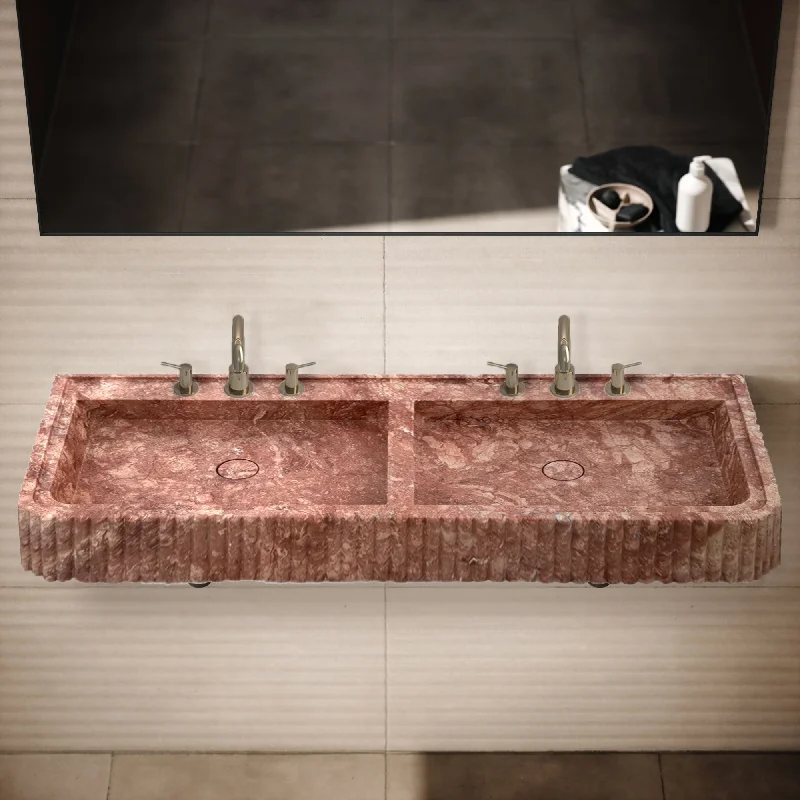 Red Travertine Double Bathroom Vanity Sink Fluted on Front and Edges (W)20" (L)48"