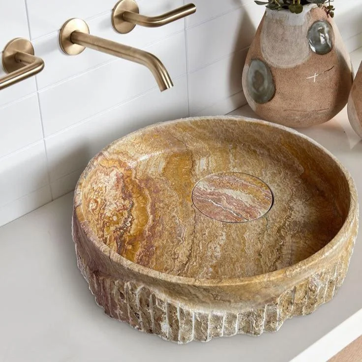 Scabos Gold Travertine Rustic Stone Above Vanity Bathroom Sink (D)18" (H)4"