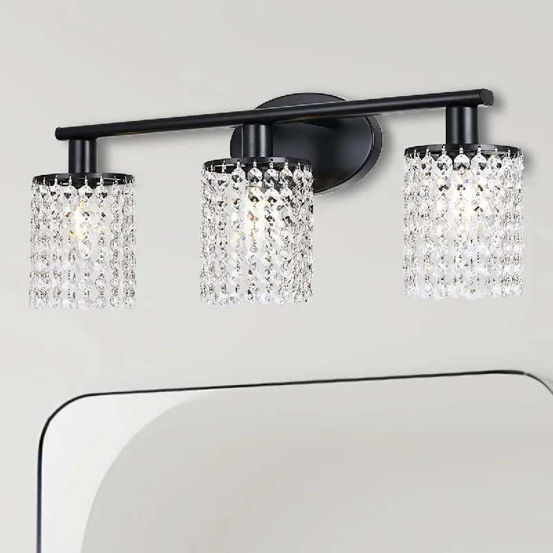 YANSUN 20.87 in. 3-Light Matte Black Nordic Vanity Wall Lamp Modern Mininalist Vanity Bathroom Night with Crystal Shade