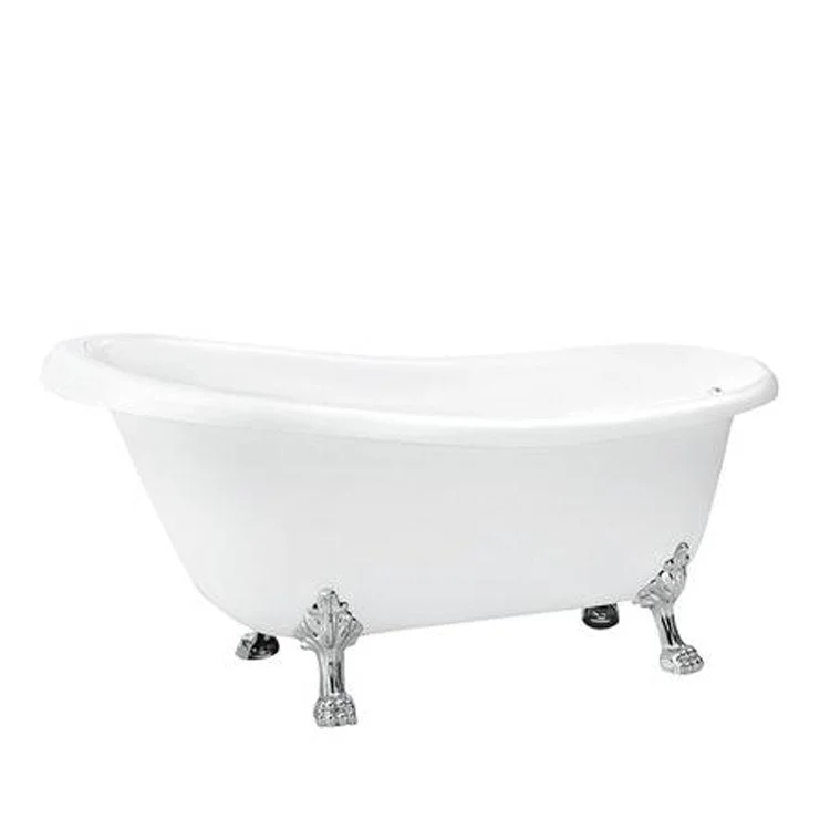 Freestanding Tub Leandro 67 Inch Slipper Oval Acrylic White/Polished Chrome Lion Paw Feet No Faucet Holes Rolled Rim