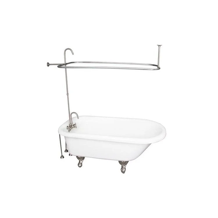 Tub Kit Anthea 60 Inch Acrylic White Kit Includes Brushed Nickel Tub Filler 62 Inch Riser Rectangular Shower Rod 24 Inch Double Offset Bath Supplies and Tub Drain Ball and Claw Feet Gooseneck Spout Porcelain Lever Handles 40 Gallon Capacity