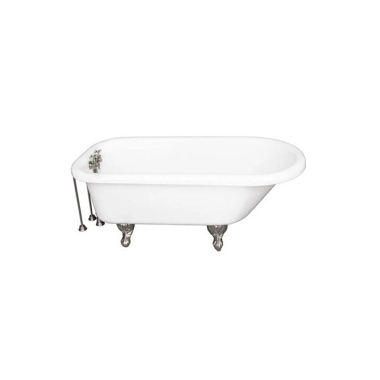 Tub Kit Asia 67 Inch Acrylic White Kit Includes Brushed Nickel Brushed Nickel Tub Filler 24 Inch Double Offset Bath Supplies and Tub Drain Ball and Claw Feet Old Style Spigot Metal Cross Handles 50 Gallon Capacity