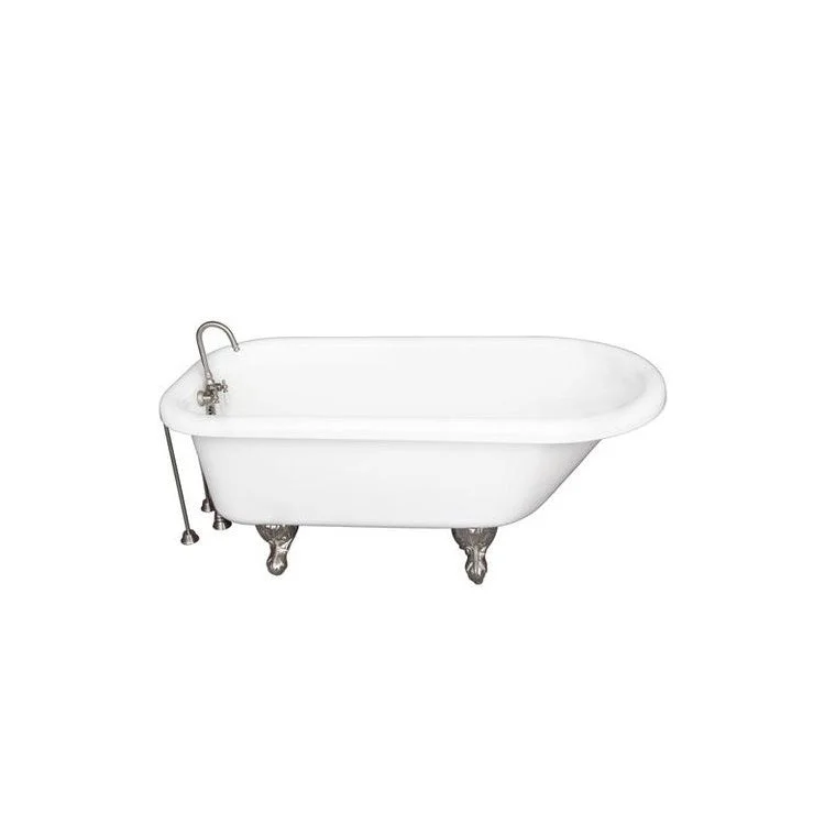 Tub Kit Asia 67 Inch Acrylic White Kit Includes Brushed Nickel Brushed Nickel Tub Filler 24 Inch Double Offset Bath Supplies and Tub Drain Ball and Claw Feet Gooseneck Spout Porcelain Lever Handles Ceramic Disc Cartridges 50 Gallon Capacity