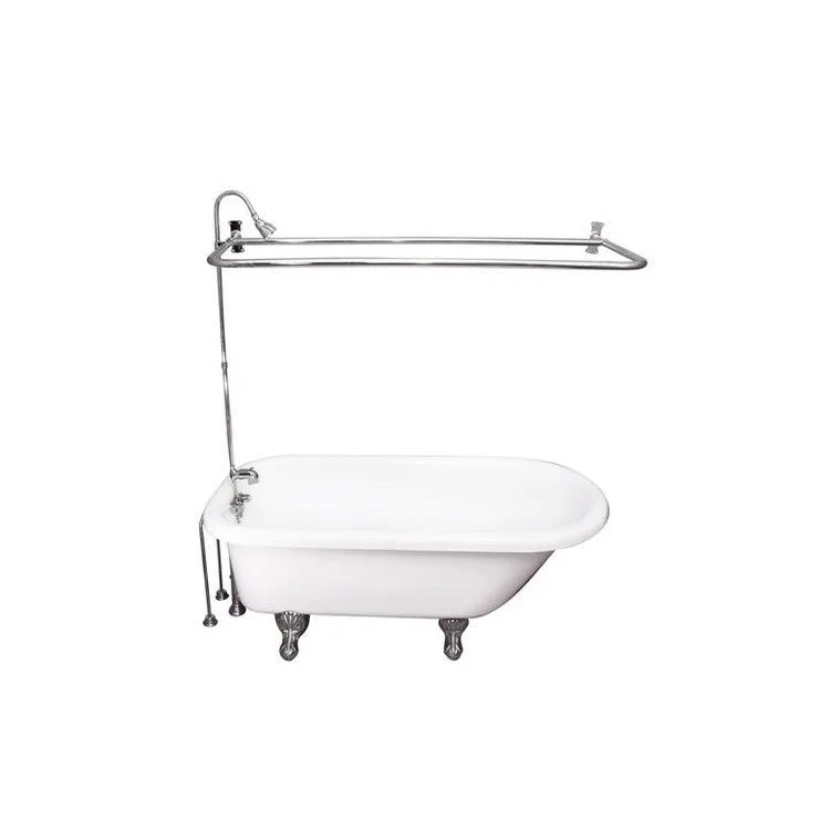 Tub Kit Asia 67 Inch Acrylic White Kit Includes Polished Chrome Tub Filler 56 Inch Riser 54 Inch D Shower Rod 24 Inch Double Offset Tub Supplies and Tub Drain Ball and Claw Feet Porcelain Lever Handles 50 Gallon Capacity