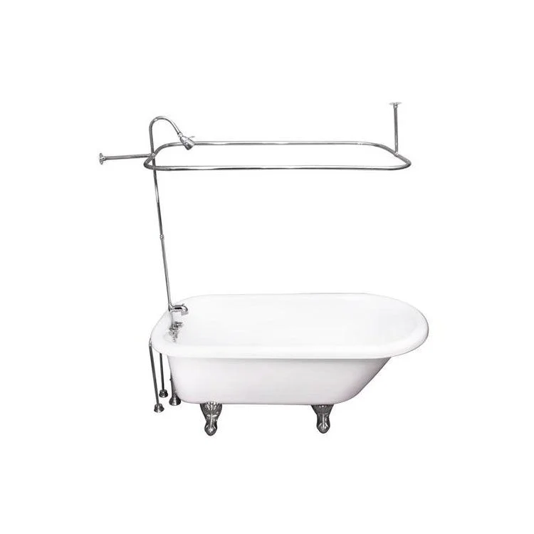 Tub Kit Asia 67 Inch Acrylic White Kit Includes Polished Chrome Tub Filler 56 Inch Riser 54 Inch Rectangular Shower Rod Rectangular Shower Ring 24 Inch Double Offset Tub Supplies and Tub Drain Ball and Claw Feet Lever Handles 50 Gallon Capacity