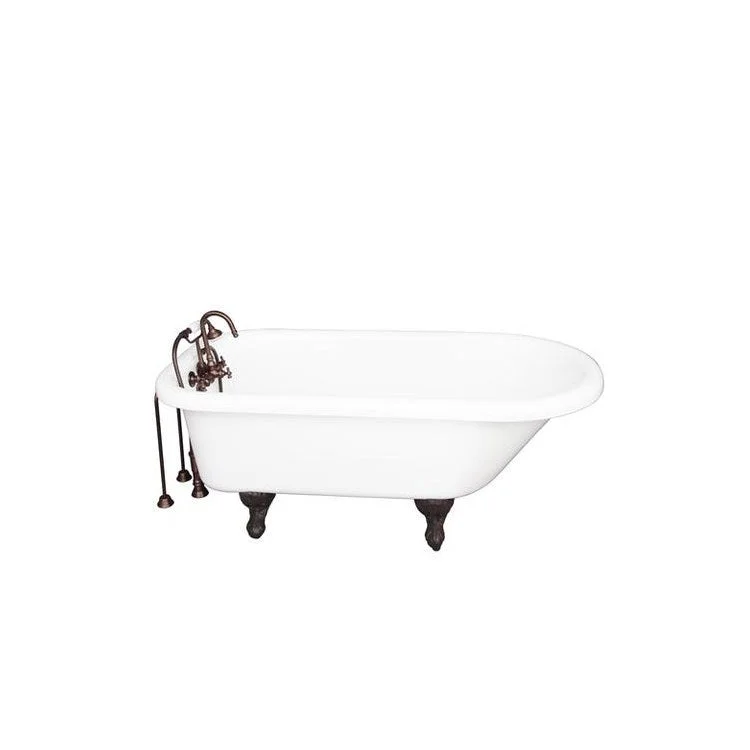 Tub Kit Asia 67 Inch Acrylic White Kit Includes Oil Rubbed Bronze Tub Filler with Handshower 24 Inch Double Offset Tub Supplies and Tub Drain Ball and Claw Feet Gooseneck Spout Porcelain Lever Handles Cradle 60 Inch Hose 50 Gallon Capacity