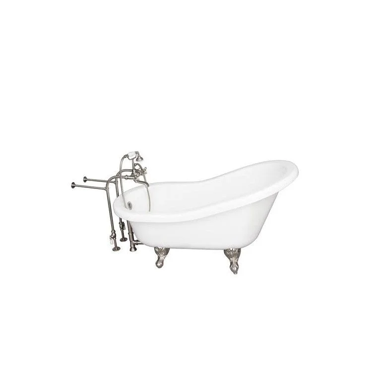 Tub Kit Isadora 67 Inch Acrylic White Kit Includes Brushed Nickel Tub Filler with Handshower Freestanding 30 Inch Tub Supplies and Tub Drain Ball and Claw Feet Elephant Spout Metal Cross Handles Ceramic Cartridges Cradle 60 Inch Hose 50 Gallon Capacity