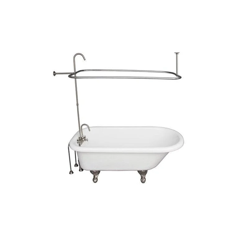 Tub Kit Andover 60 Inch Acrylic White Kit Includes Brushed Nickel Tub Filler 62 Inch Riser Rectangular Shower Rod 24 Inch Double Offset Bath Supplies and Tub Drain Ball and Claw Feet Gooseneck Spout Porcelain Lever Handles 40 Gallon Capacity