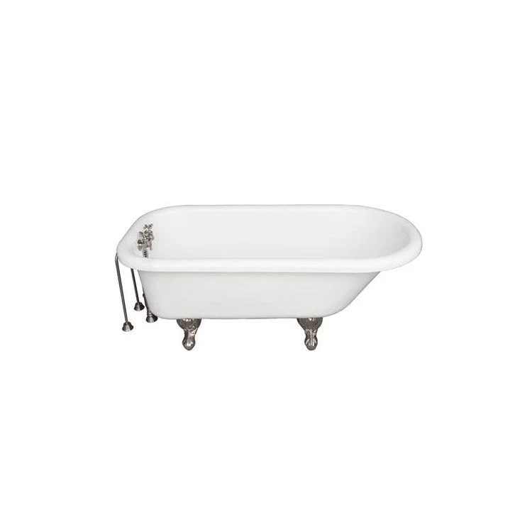 Tub Kit 67 Inch Acrylic White Kit Includes Brushed Nickel Brushed Nickel Tub Filler 24 Inch Double Offset Bath Supplies and Tub Drain Ball and Claw Feet Old Style Spigot Metal Cross Handles 50 Gallon Capacity