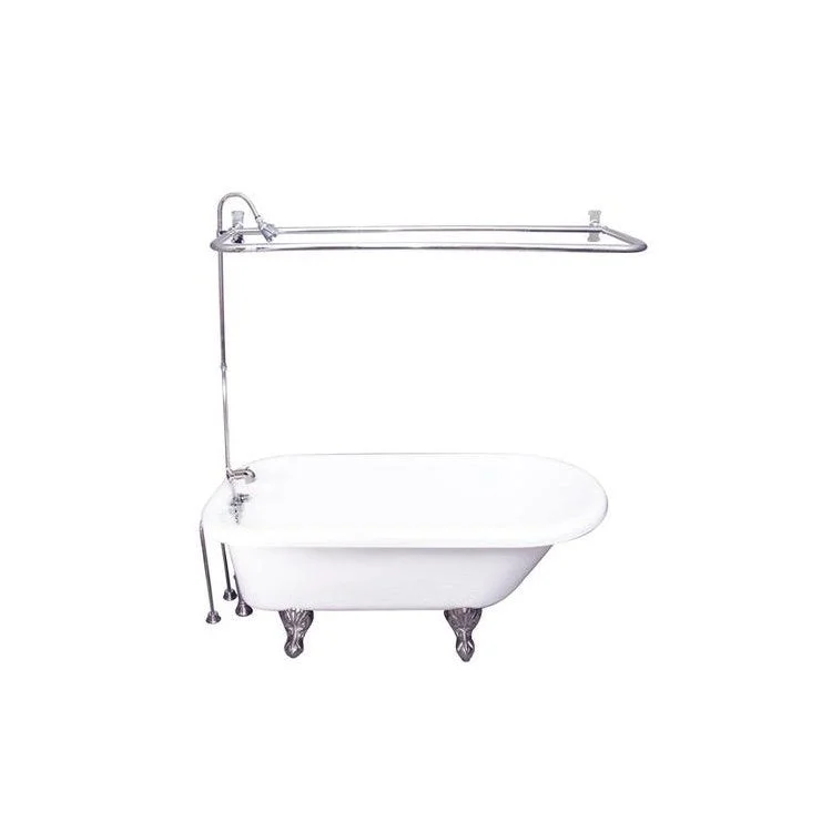 Tub Kit 67 Inch Acrylic White Kit Includes Polished Chrome Tub Filler 56 Inch Riser 54 Inch D Shower Rod 24 Inch Double Offset Tub Supplies and Tub Drain Ball and Claw Feet Porcelain Lever Handles 50 Gallon Capacity