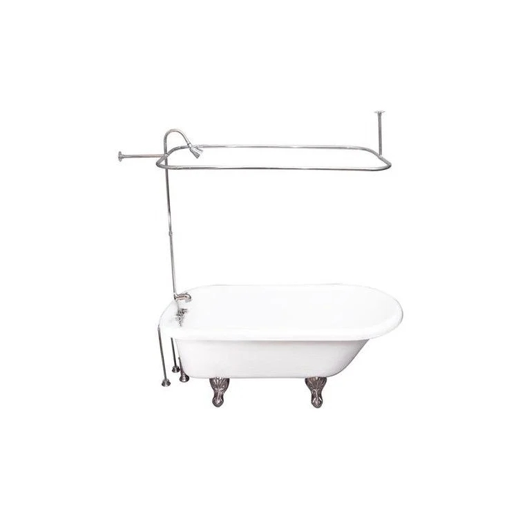 Tub Kit 67 Inch Acrylic White Kit Includes Polished Chrome Tub Filler 56 Inch Riser 54 Inch Rectangular Shower Rod Rectangular Shower Ring 24 Inch Double Offset Tub Supplies and Tub Drain Ball and Claw Feet Lever Handles 50 Gallon Capacity