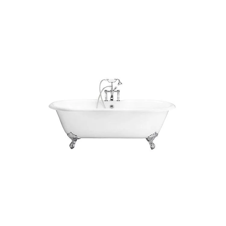 Tub Kit Duet 67 Inch Cast Iron White Kit Includes Polished Chrome Tub Filler with Handshower 24 Inch Straight Bath Supplies and Tub Drain Imperial Feet Elephant Spout Porcelain Lever Handles Ceramic Disc Cartridges Cradle 60 Inch Hose 55 Gallon Capacity