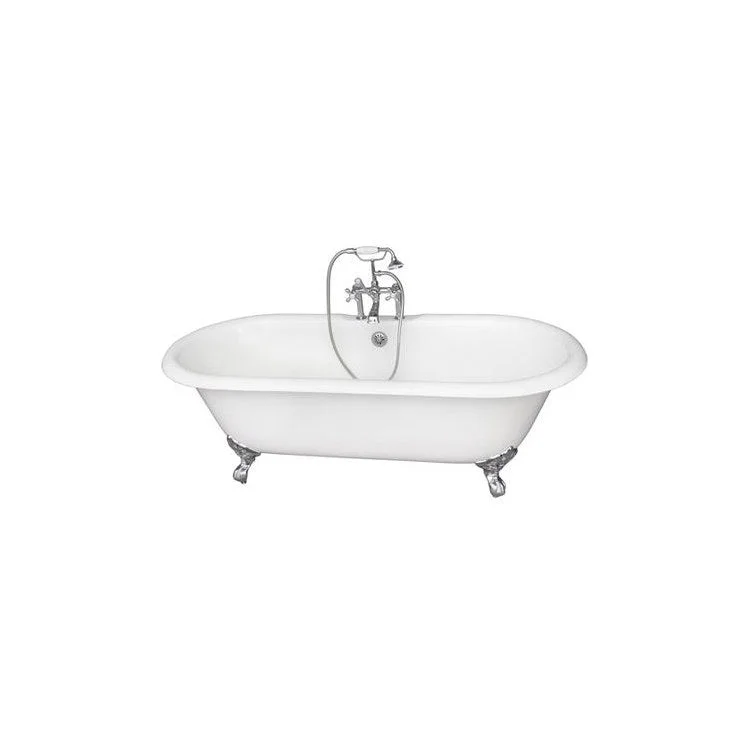 Tub Kit Duet 67 Inch Cast Iron White Kit Includes Polished Chrome Tub Filler with Handshower 24 Inch Straight Bath Supplies and Tub Drain Imperial Feet Elephant Spout Metal Cross Handles Ceramic Disc Cartridges Cradle 60 Inch Hose 55 Gallon Capacity