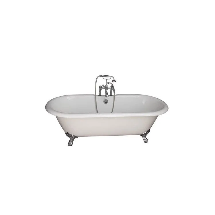 Tub Kit Duet Freestanding 67 Inch Cast Iron White Includes Polished Chrome Tub Filler with Handshower 24 Inch Straight Bath Supplies & Tub Drain Imperial Feet Elephant Spout Finial Metal Cross Handles Cradle 60 Inch Hose 55 Gallon Capacity