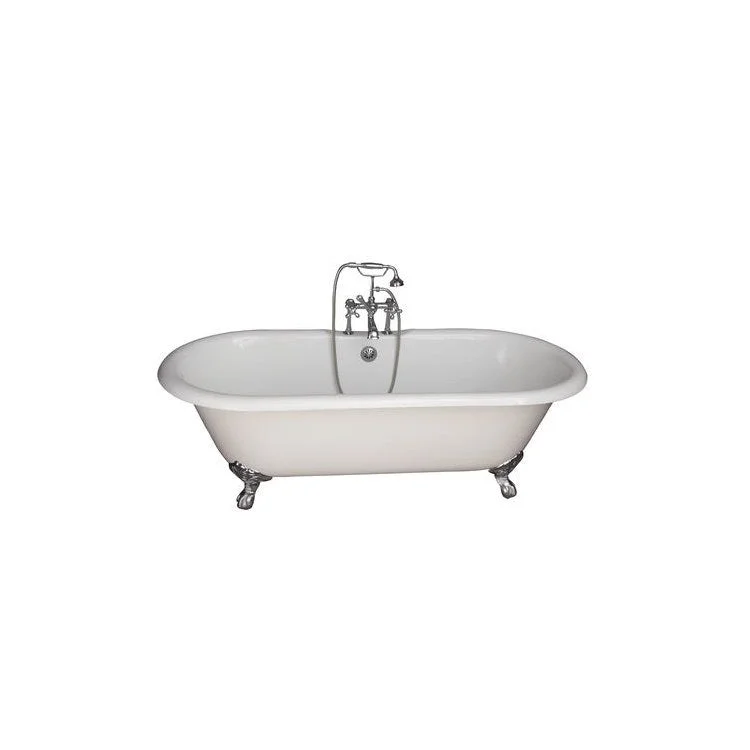 Tub Kit Duet Freestanding 67 Inch Cast Iron White Includes Polished Chrome Tub Filler with Handshower 24 Inch Straight Bath Supplies & Tub Drain Imperial Feet Elephant Spout Metal Cross Handles Cradle 60 Inch Hose 55 Gallon Capacity