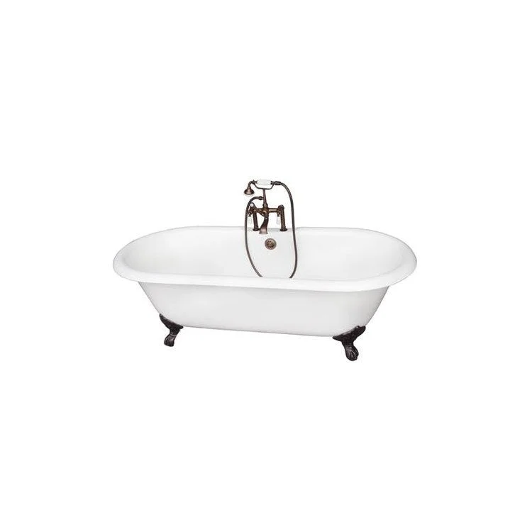 Tub Kit Duet 67 Inch Cast Iron White Kit Includes Oil Rubbed Bronze Tub Filler with Handshower 24 Inch Straight Bath Supplies and Tub Drain Imperial Feet Elephant Spout Porcelain Lever Handles Ceramic Disc Cartridges Cradle 60 Inch Hose 55 Gallon Capacity