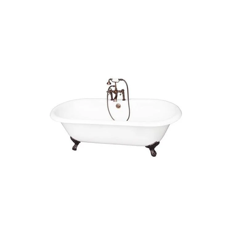 Tub Kit Duet 67 Inch Cast Iron White Kit Includes Oil Rubbed Bronze Tub Filler with Handshower 24 Inch Straight Bath Supplies and Tub Drain Imperial Feet Elephant Spout Metal Cross Handles Ceramic Disc Cartridges Cradle 60 Inch Hose 55 Gallon Capacity