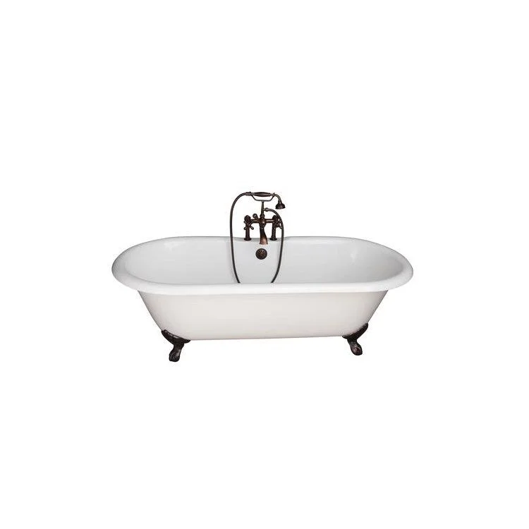 Tub Kit Duet 67 Inch Cast Iron White Kit Includes Oil Rubbed Bronze Tub Filler with Handshower 24 Inch Straight Bath Supplies and Tub Drain Imperial Feet Elephant Spout Metal Cross Handles Cradle 60 Inch Hose 55 Gallon Capacity