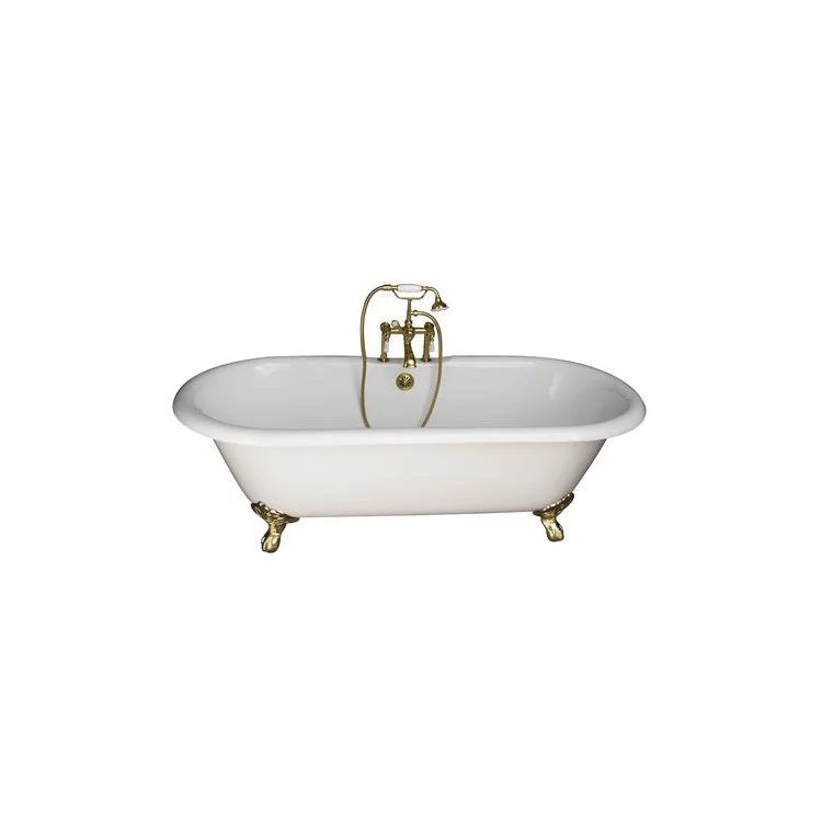 Tub Kit Duet Freestanding 67 Inch Cast Iron White Includes Polished Brass Tub Filler with Handshower 24 Inch Straight Bath Supplies & Tub Drain Imperial Feet Elephant Spout Porcelain Lever Handles in White Cradle 60 Inch Hose 55 Gallon Capacity