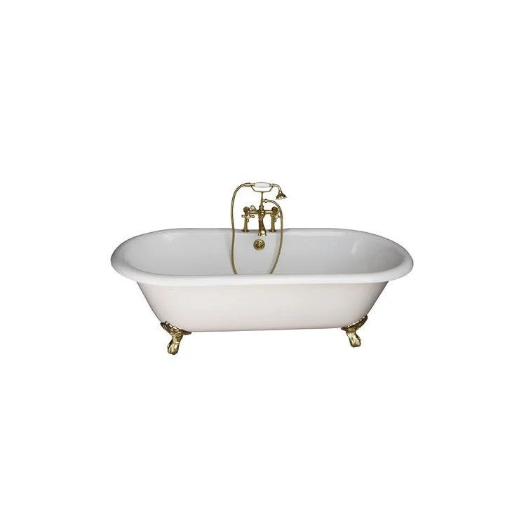 Tub Kit Duet Freestanding 67 Inch Cast Iron White Includes Polished Brass Tub Filler with Handshower 24 Inch Straight Bath Supplies & Tub Drain Imperial Feet Elephant Spout Metal Cross Handles in White Cradle 60 Inch Hose 55 Gallon Capacity