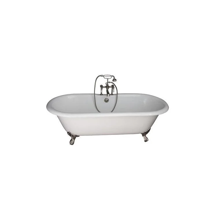 Tub Kit Duet Freestanding 67 Inch Cast Iron White Includes Polished Nickel Tub Filler with Handshower 24 Inch Straight Bath Supplies & Tub Drain Imperial Feet Elephant Spout Porcelain Lever Handles in White Cradle 60 Inch Hose 55 Gallon Capacity