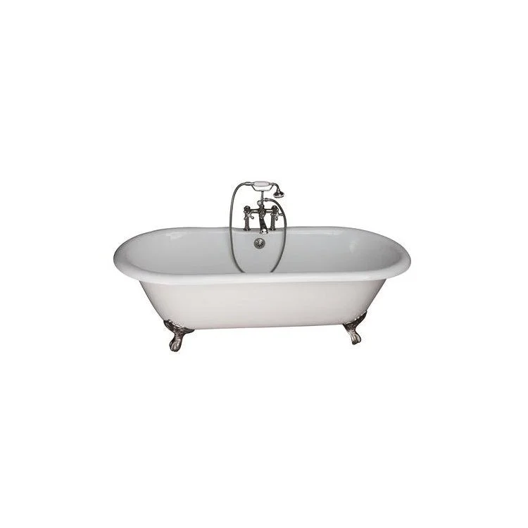 Tub Kit Duet Freestanding 67 Inch Cast Iron White Includes Polished Nickel Tub Filler with Handshower 24 Inch Straight Bath Supplies & Tub Drain Imperial Feet Elephant Spout Metal Cross Handles in White Cradle 60 Inch Hose 55 Gallon Capacity