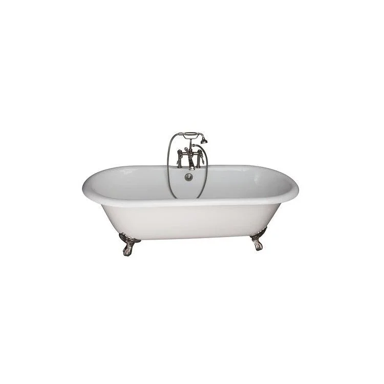 Tub Kit Duet Freestanding 67 Inch Cast Iron White Includes Polished Nickel Tub Filler with Handshower 24 Inch Straight Bath Supplies & Tub Drain Imperial Feet Elephant Spout Finial Metal Cross Handles Cradle 60 Inch Hose 55 Gallon Capacity