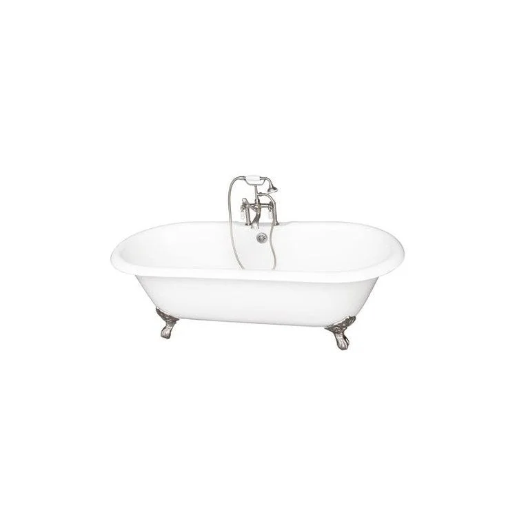 Tub Kit Duet 67 Inch Cast Iron White Kit Includes Brushed Nickel Tub Filler with Handshower 24 Inch Straight Bath Supplies and Tub Drain Imperial Feet Elephant Spout Porcelain Lever Handles Ceramic Disc Cartridges Cradle 60 Inch Hose 55 Gallon Capacity