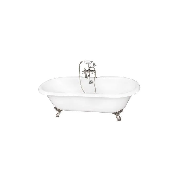 Tub Kit Duet 67 Inch Cast Iron White Kit Includes Brushed Nickel Tub Filler with Handshower 24 Inch Straight Bath Supplies and Tub Drain Imperial Feet Elephant Spout Metal Cross Handles Ceramic Disc Cartridges Cradle 60 Inch Hose 55 Gallon Capacity