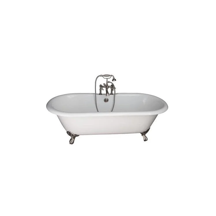 Tub Kit Duet Freestanding 67 Inch Cast Iron White Includes Brushed Nickel Tub Filler with Handshower 24 Inch Straight Bath Supplies & Tub Drain Imperial Feet Elephant Spout Metal Cross Handles Cradle 60 Inch Hose 55 Gallon Capacity