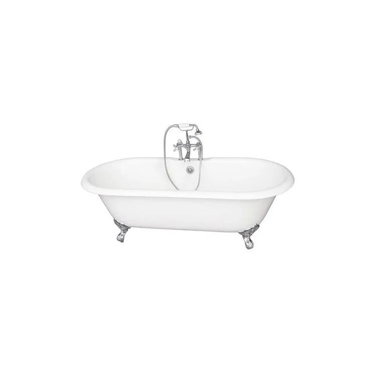 Tub Kit Columbus Freestanding 61 Inch Cast Iron White Includes Polished Chrome Tub Filler Straight Bath Supplies & Leg Tub Drain Imperial Feet Elephant Spout Metal Cross Handles in White Cradle 60 Inch Hose 60 Gallon Capacity