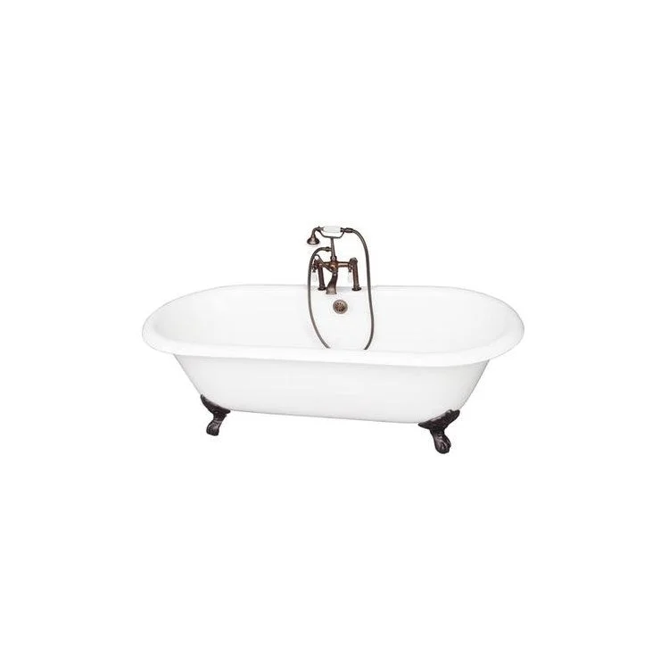 Tub Kit Columbus Freestanding 61 Inch Cast Iron White Includes Oil Rubbed Bronze Tub Filler Straight Bath Supplies & Leg Tub Drain Imperial Feet Elephant Spout Porcelain Lever Handles in White Cradle 60 Inch Hose 60 Gallon Capacity