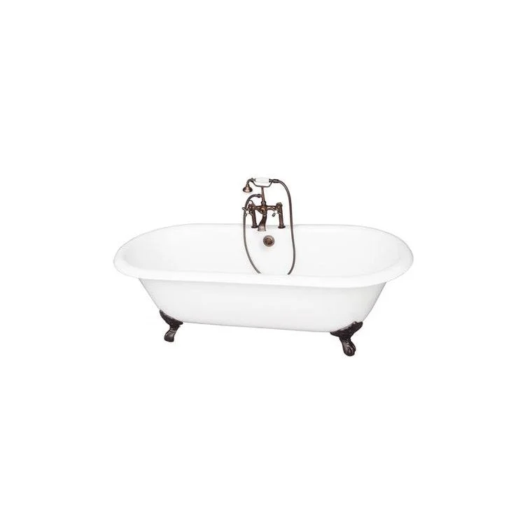 Tub Kit Columbus Freestanding 61 Inch Cast Iron White Includes Oil Rubbed Bronze Tub Filler Straight Bath Supplies & Leg Tub Drain Imperial Feet Elephant Spout Metal Cross Handles in White Cradle 60 Inch Hose 60 Gallon Capacity