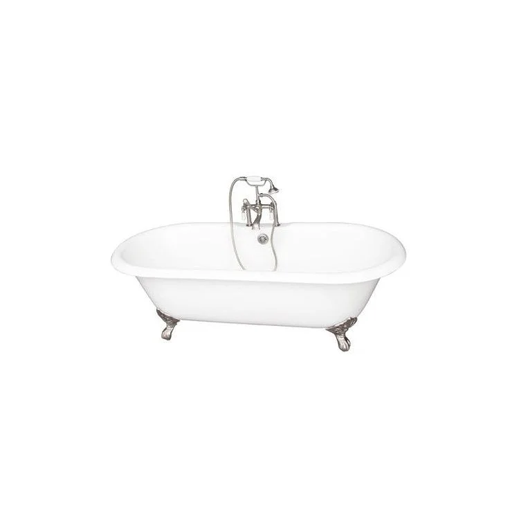 Tub Kit Columbus Freestanding 61 Inch Cast Iron White Includes Brushed Nickel Tub Filler Straight Bath Supplies & Leg Tub Drain Imperial Feet Elephant Spout Porcelain Lever Handles in White Cradle 60 Inch Hose 60 Gallon Capacity