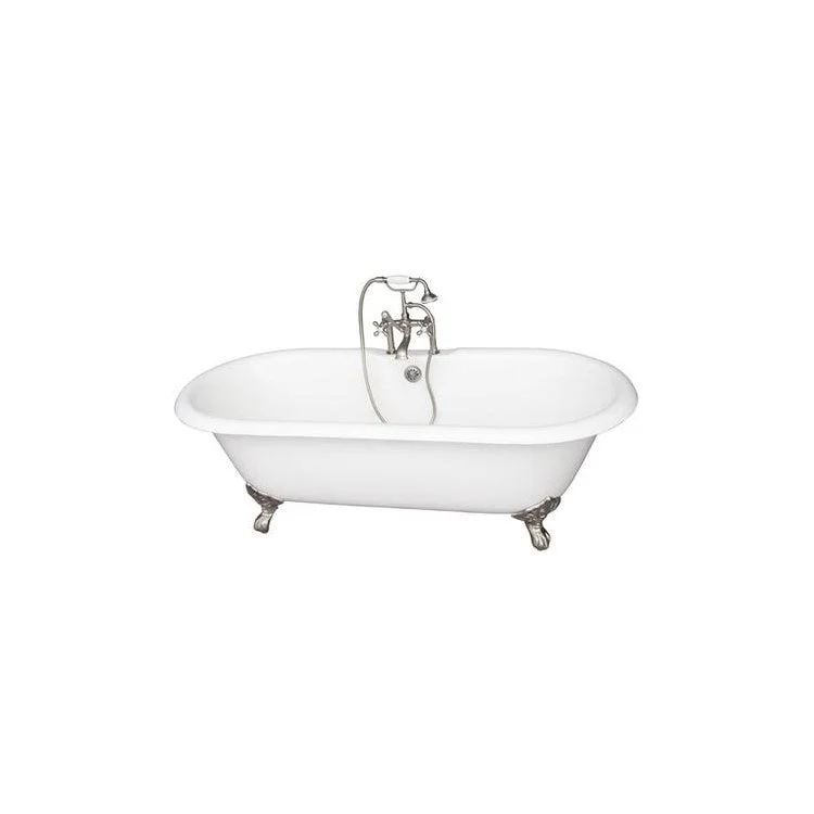 Tub Kit Columbus Freestanding 61 Inch Cast Iron White Includes Brushed Nickel Tub Filler Straight Bath Supplies & Leg Tub Drain Imperial Feet Elephant Spout Metal Cross Handles in White Cradle 60 Inch Hose 60 Gallon Capacity