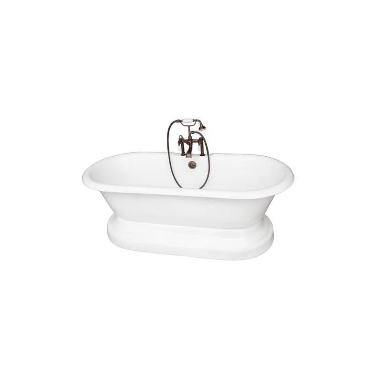 Tub Kit Columbus Freestanding 61 Inch Cast Iron White Includes Oil Rubbed Bronze Tub Filler On Base Straight Bath Supplies & Leg Tub Drain Elephant Spout Porcelain Lever Handles in White Cradle 60 Inch Hose 60 Gallon Capacity