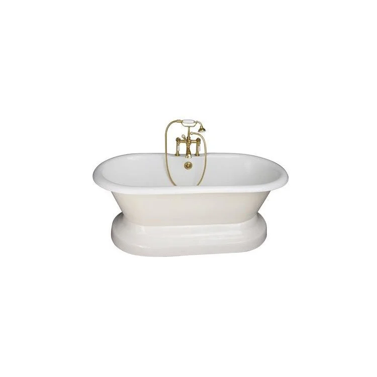 Tub Kit Columbus Freestanding 61 Inch Cast Iron White Includes Polished Brass Tub Filler On Base Straight Bath Supplies & Leg Tub Drain Elephant Spout Porcelain Lever Handles in White Cradle 60 Inch Hose 60 Gallon Capacity