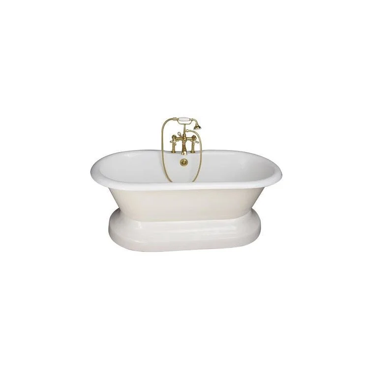 Tub Kit Columbus Freestanding 61 Inch Cast Iron White Includes Polished Brass Tub Filler On Base Straight Bath Supplies & Leg Tub Drain Elephant Spout Metal Cross Handles in White Cradle 60 Inch Hose 60 Gallon Capacity