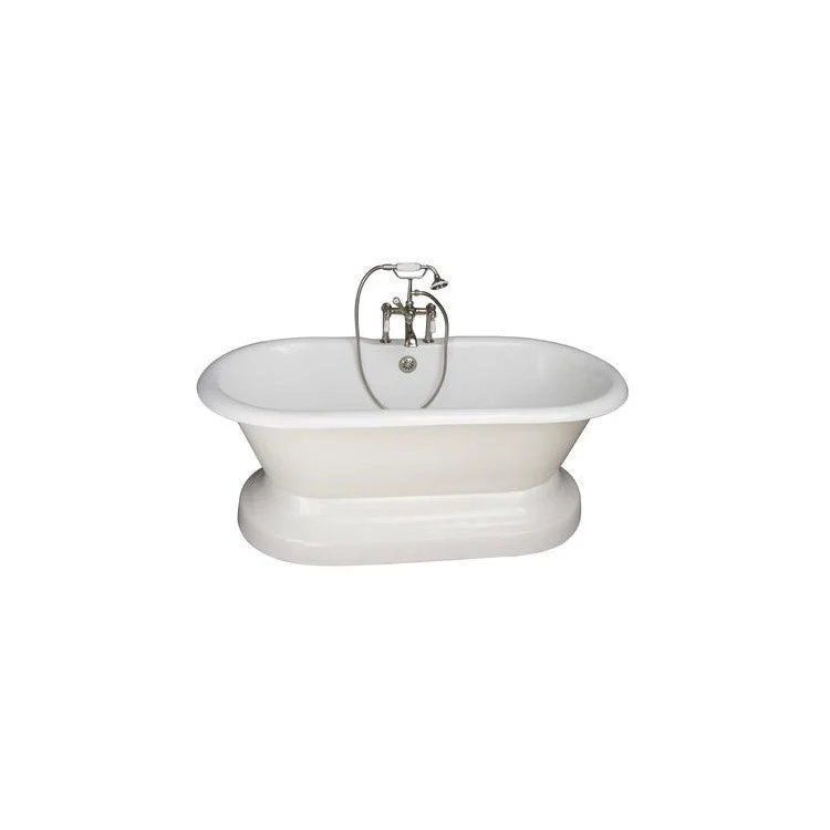 Tub Kit Columbus Freestanding 61 Inch Cast Iron White Includes Polished Nickel Tub Filler On Base Straight Bath Supplies & Leg Tub Drain Elephant Spout Porcelain Lever Handles in White Cradle 60 Inch Hose 60 Gallon Capacity